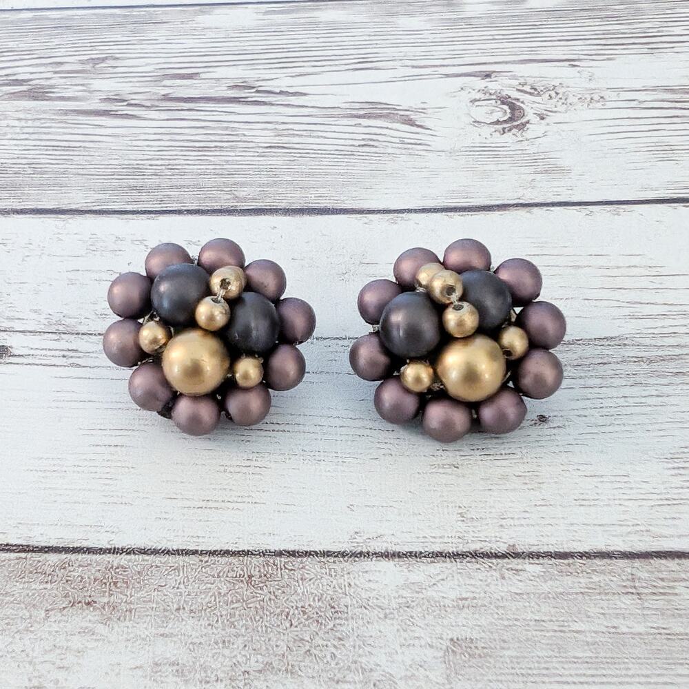 Vintage Clip On Earrings Statement Brown & Muted Gold Tone Cluster